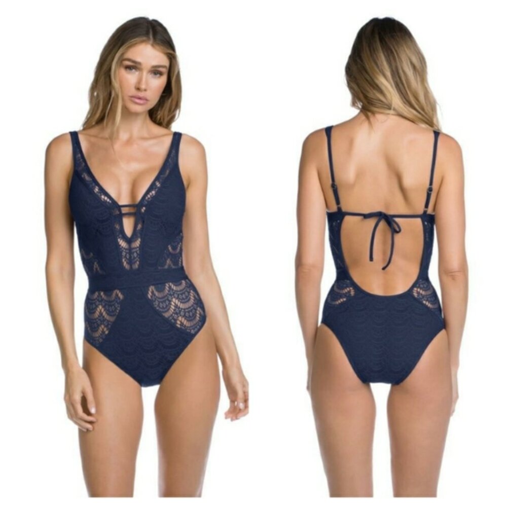 Becca Navy Blue Color Play Crochet One-Piece Swimsuit One Piece Small